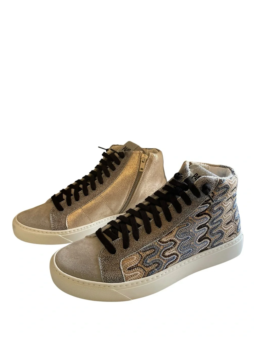 P448 Panama Women’s High-Top Sneaker in Black, White, Silver Light Blue New